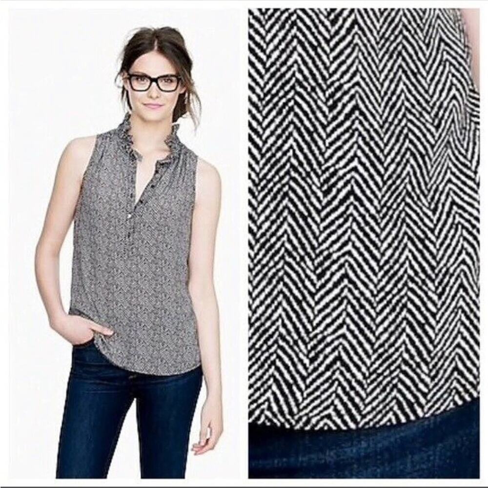 J Crew Nicky Silk Ruffle Collar Blouse Herringbone Sz 0 Shirt Top Sleeveless